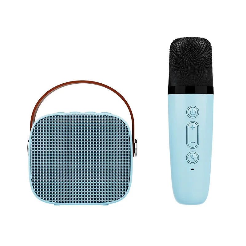 Compact blue, pink or white portable Bluetooth speaker with built-in microphone on a surface.