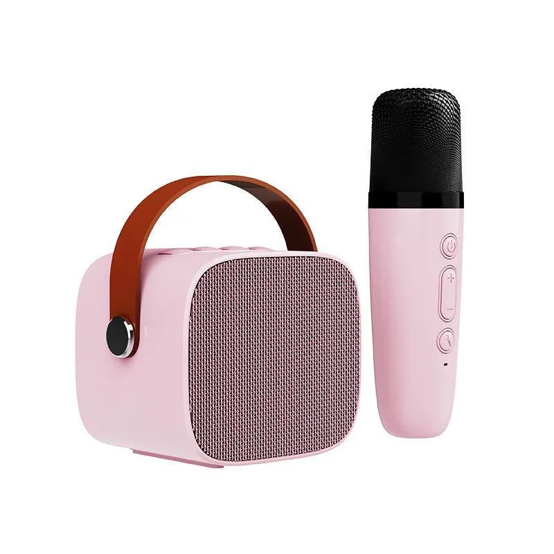 Compact blue, pink or white portable Bluetooth speaker with built-in microphone on a surface.