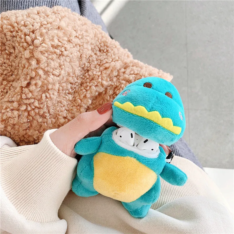 Cartoon plush dinosaur headphone protective case for AirPods 1 and 2 in green, flip type