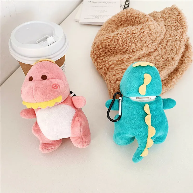 Cartoon plush dinosaur headphone protective case for AirPods 1 and 2 in green, flip type