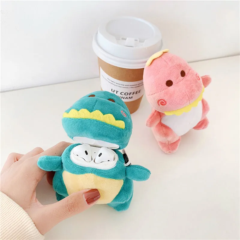 Cartoon plush dinosaur headphone protective case for AirPods 1 and 2 in green, flip type