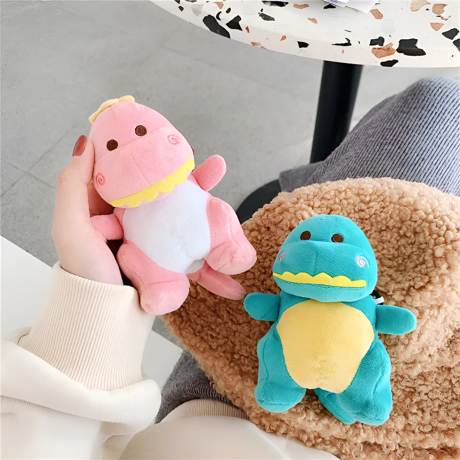 Cartoon plush dinosaur headphone protective case for AirPods 1 and 2 in green, flip type