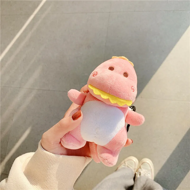 Cartoon plush dinosaur headphone protective case for AirPods 1 and 2 in green, flip type