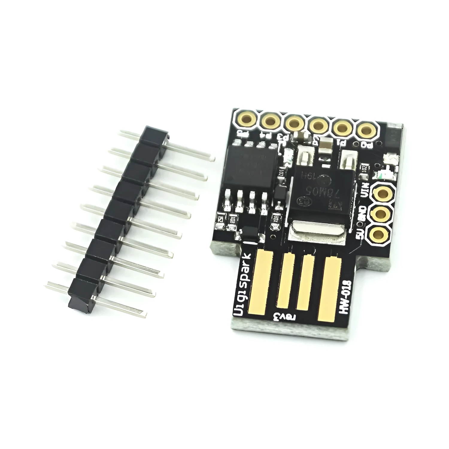 Black Micro USB development board with USB port, I/O pins, and power LED for Arduino IDE