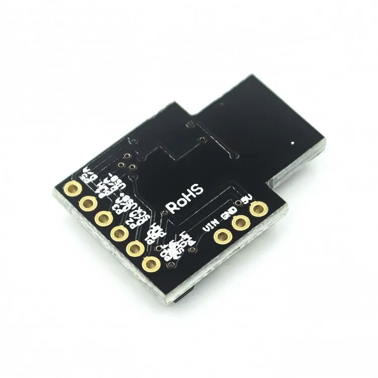 Black Micro USB development board with USB port, I/O pins, and power LED for Arduino IDE
