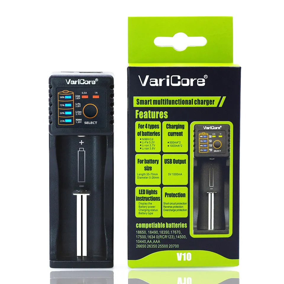 V10 universal battery charger with USB output for 18650 Li-ion and NiMH cells