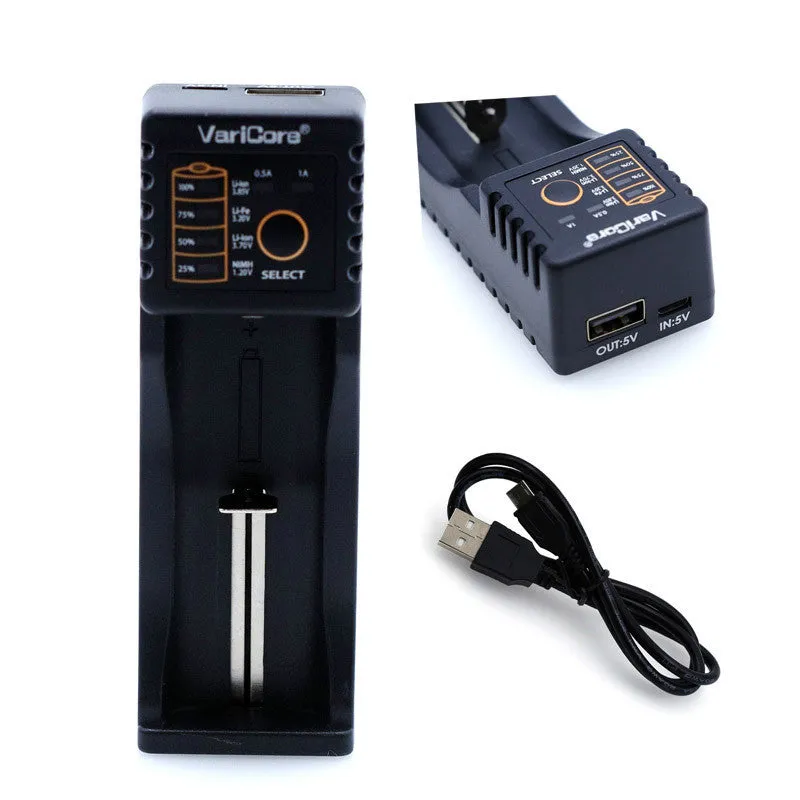 V10 universal battery charger with USB output for 18650 Li-ion and NiMH cells