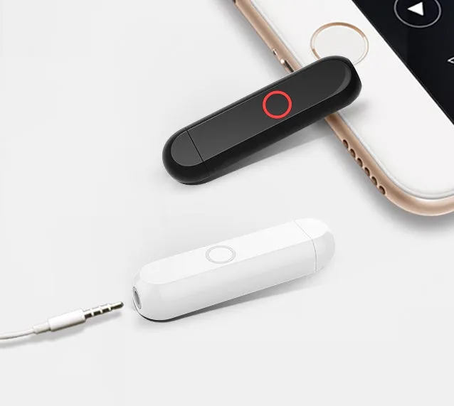 A1 Bluetooth audio receiver and converter unit with 3.5mm plug in black, blue, orange, or white.