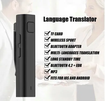 Mini Bluetooth real time voice translator for 26 languages, black device on white background