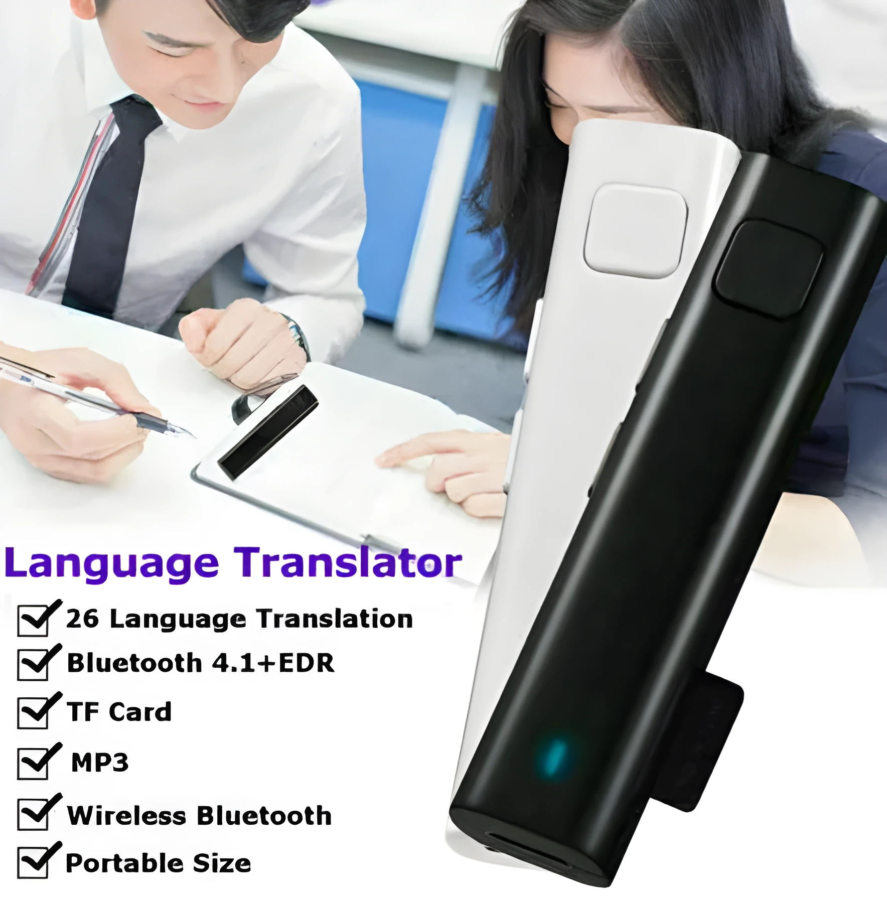 Mini Bluetooth real time voice translator for 26 languages, black device on white background