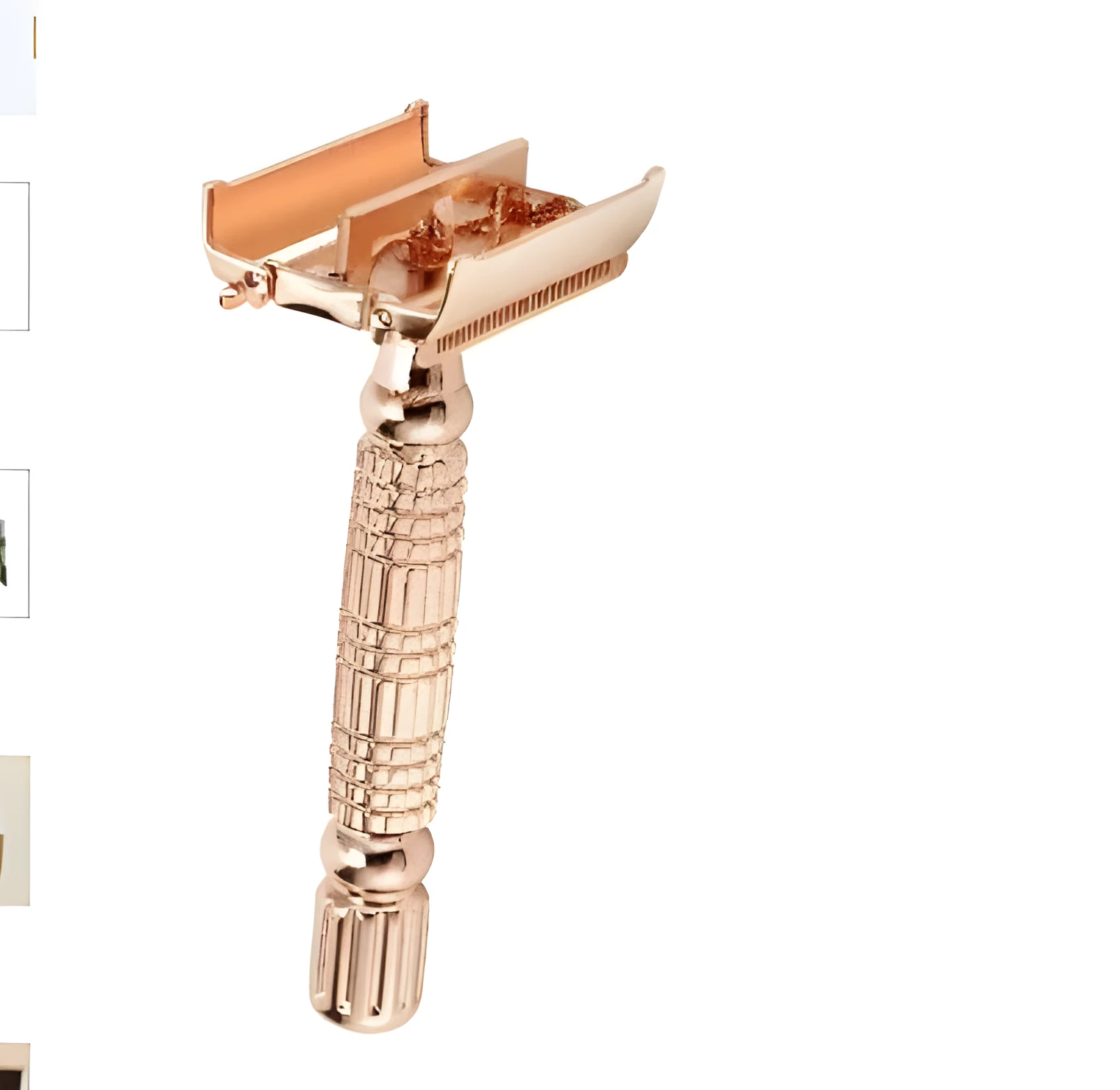 Rose gold chrome plated double edge safety razor with butterfly head in travel storage box with mirror