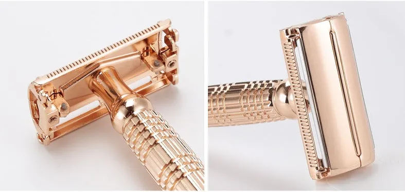 Rose gold chrome plated double edge safety razor with butterfly head in travel storage box with mirror