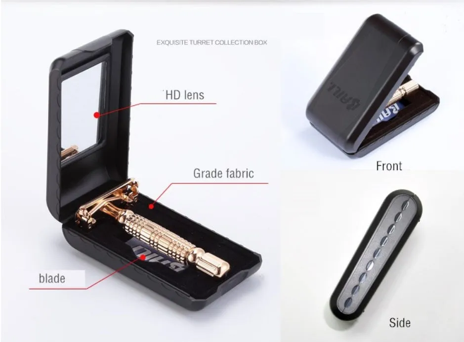 Rose gold chrome plated double edge safety razor with butterfly head in travel storage box with mirror