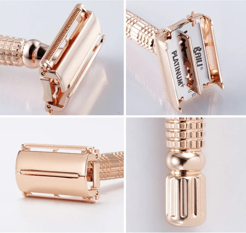 Rose gold chrome plated double edge safety razor with butterfly head in travel storage box with mirror