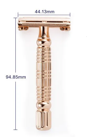 Rose gold chrome plated double edge safety razor with butterfly head in travel storage box with mirror