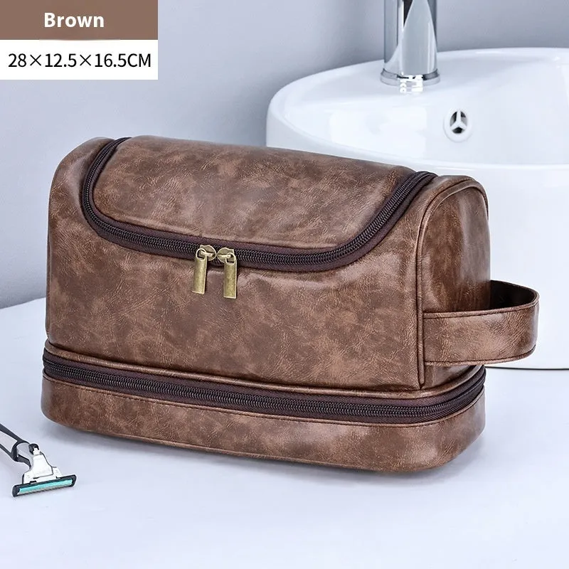 Leather travel toiletry bag in brown with hook, showing main compartment and portable design