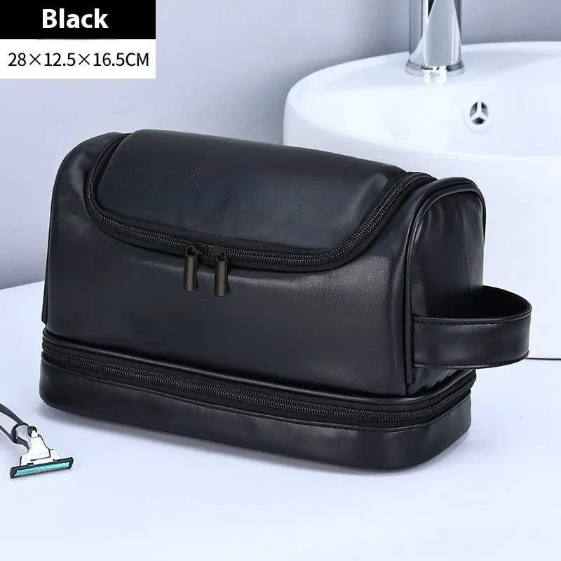 Leather travel toiletry bag in brown with hook, showing main compartment and portable design