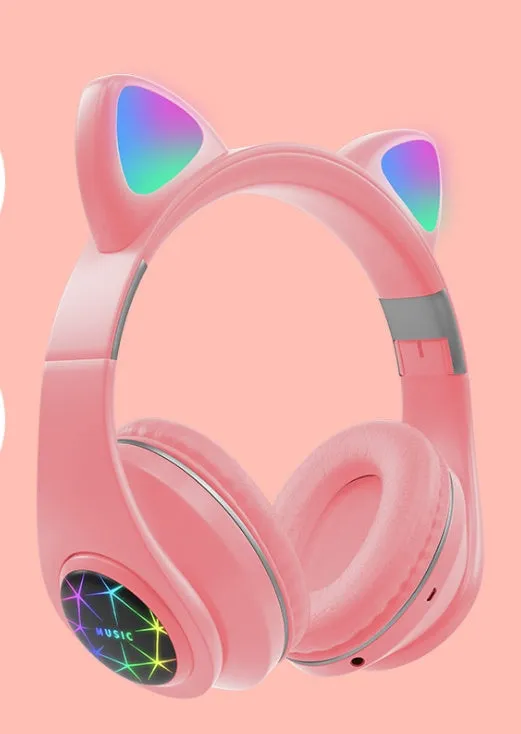Colourful wireless Bluetooth headset with decorative cat ears on a headband.
