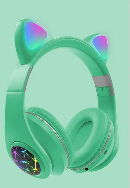 Colourful wireless Bluetooth headset with decorative cat ears on a headband.