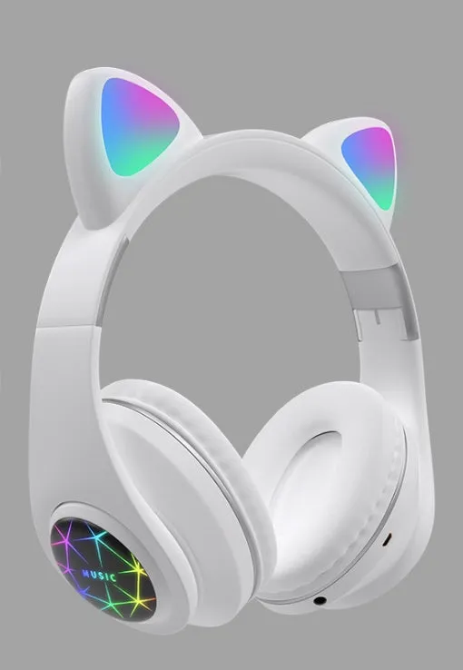Colourful wireless Bluetooth headset with decorative cat ears on a headband.