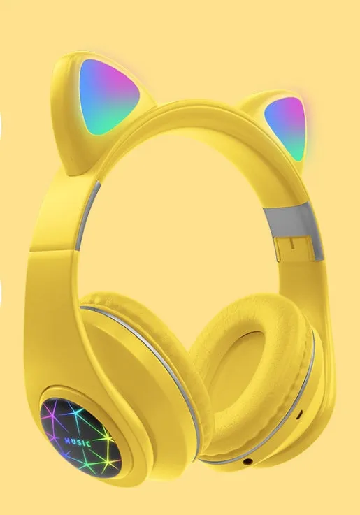 Colourful wireless Bluetooth headset with decorative cat ears on a headband.