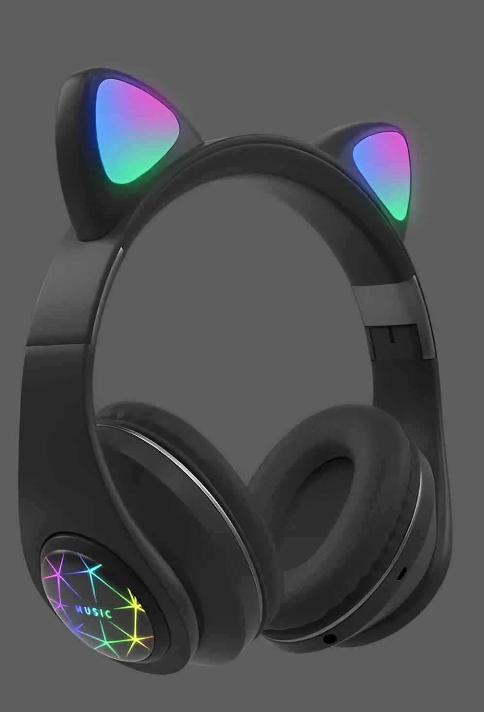 Colourful wireless Bluetooth headset with decorative cat ears on a headband.