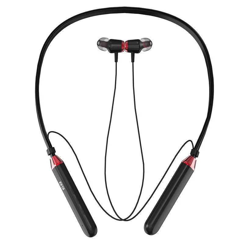 Wireless Bluetooth neck-hanging sports headset in black with digital battery display, bilateral stereo ear cups
