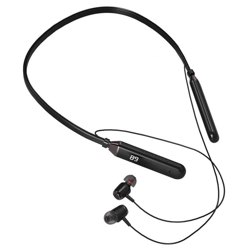 Wireless Bluetooth neck-hanging sports headset in black with digital battery display, bilateral stereo ear cups