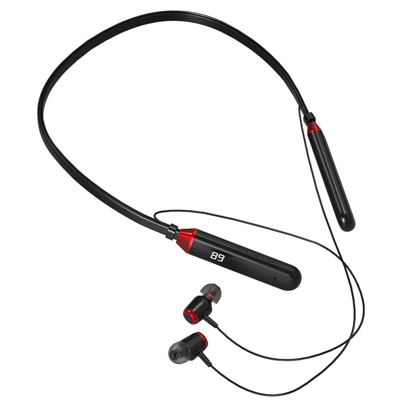 Wireless Bluetooth neck-hanging sports headset in black with digital battery display, bilateral stereo ear cups