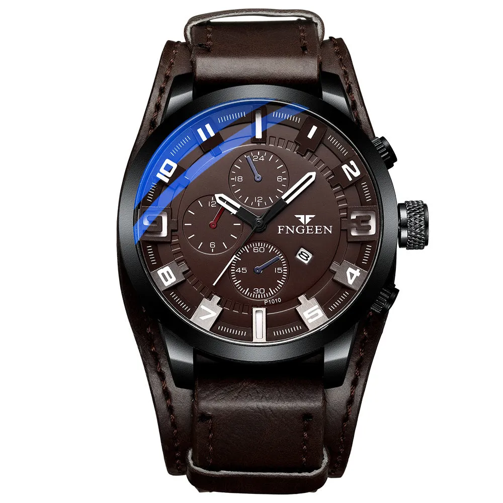 Casual quartz watch with 40.5mm dial, nubuck leather strap, and synthetic sapphire glass showing perspective window detail