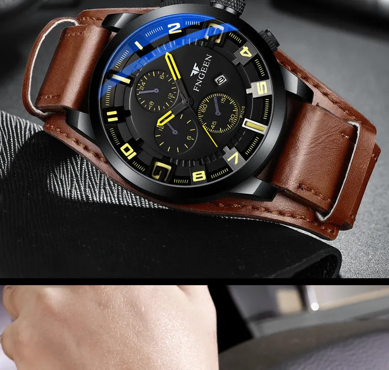 Casual quartz watch with 40.5mm dial, nubuck leather strap, and synthetic sapphire glass showing perspective window detail