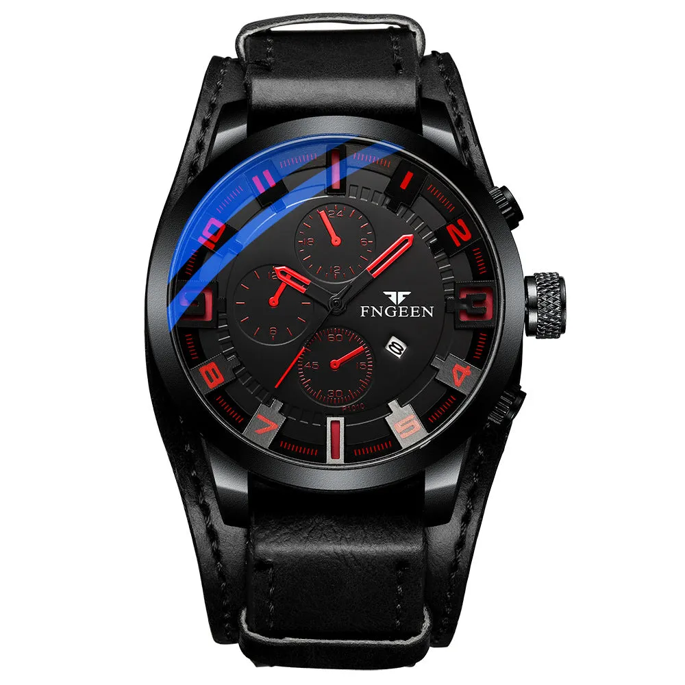 Casual quartz watch with 40.5mm dial, nubuck leather strap, and synthetic sapphire glass showing perspective window detail