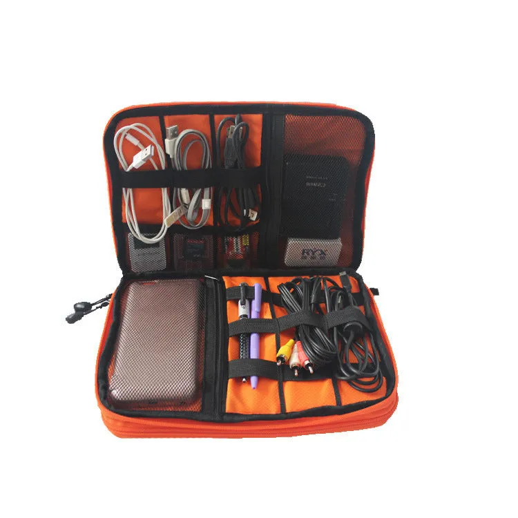 Data cable storage bag in black nylon with double zipper, small size 24x17x3cm