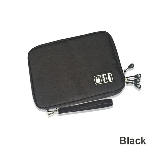 Data cable storage bag in black nylon with double zipper, small size 24x17x3cm