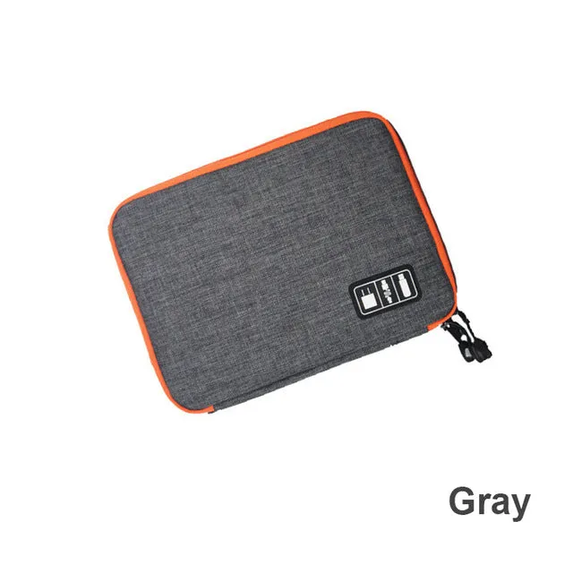Data cable storage bag in black nylon with double zipper, small size 24x17x3cm