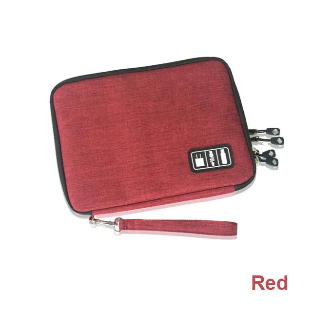 Data cable storage bag in black nylon with double zipper, small size 24x17x3cm
