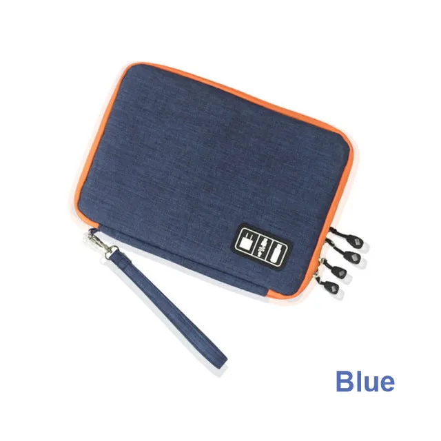 Data cable storage bag in black nylon with double zipper, small size 24x17x3cm