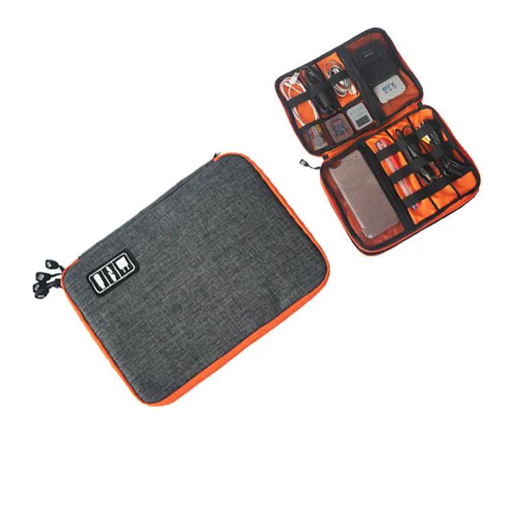 Data cable storage bag in black nylon with double zipper, small size 24x17x3cm