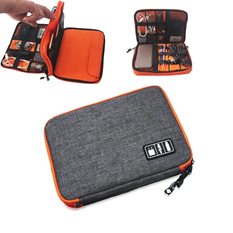 Data cable storage bag in black nylon with double zipper, small size 24x17x3cm