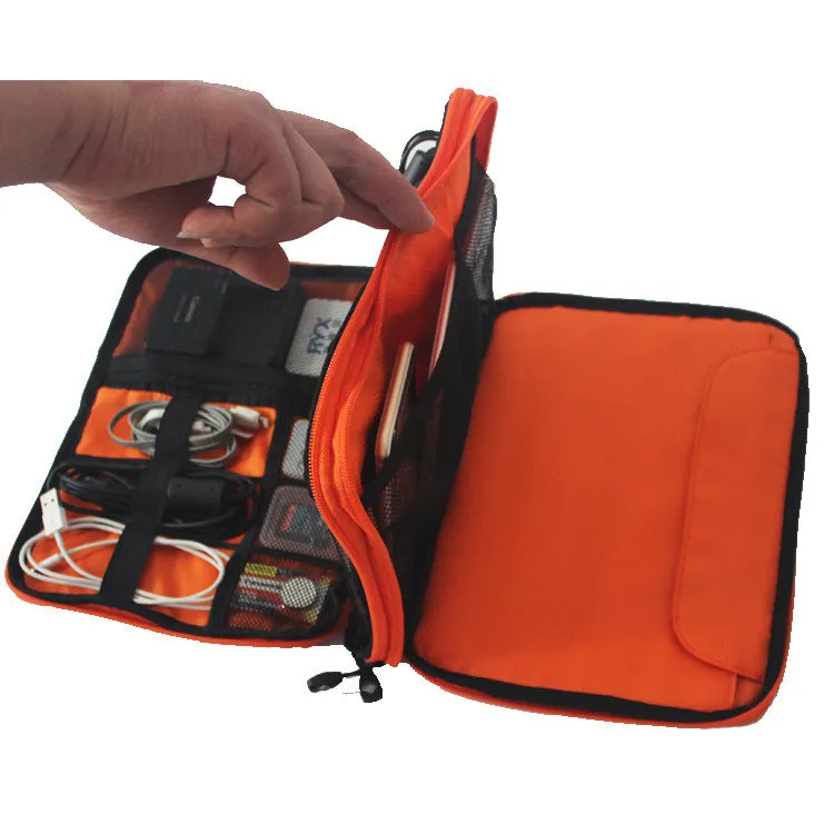 Data cable storage bag in black nylon with double zipper, small size 24x17x3cm