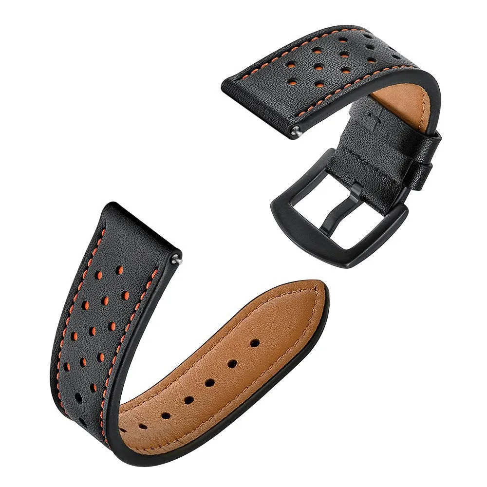 Universa 20mm 22mm leather watch strap in black on white background