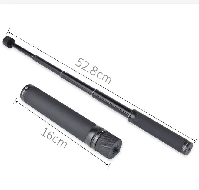 Black retractable aluminium selfie stick with phone clamp, extended to full length.