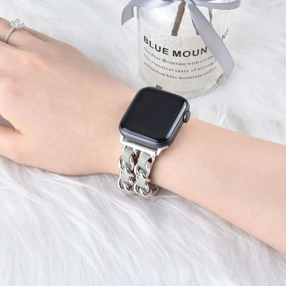 Leather and stainless steel Cuban link strap for Apple Watch in gold black finish