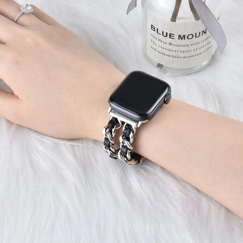 Leather and stainless steel Cuban link strap for Apple Watch in gold black finish