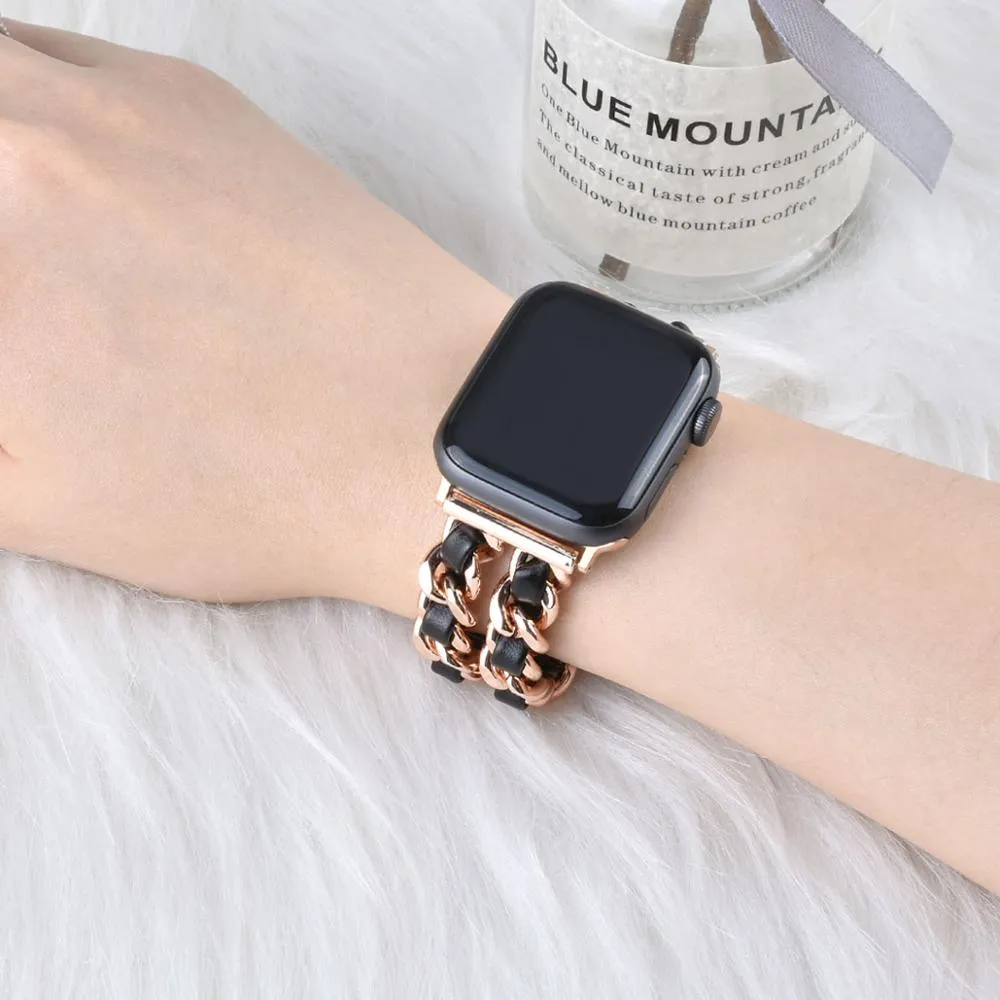 Leather and stainless steel Cuban link strap for Apple Watch in gold black finish