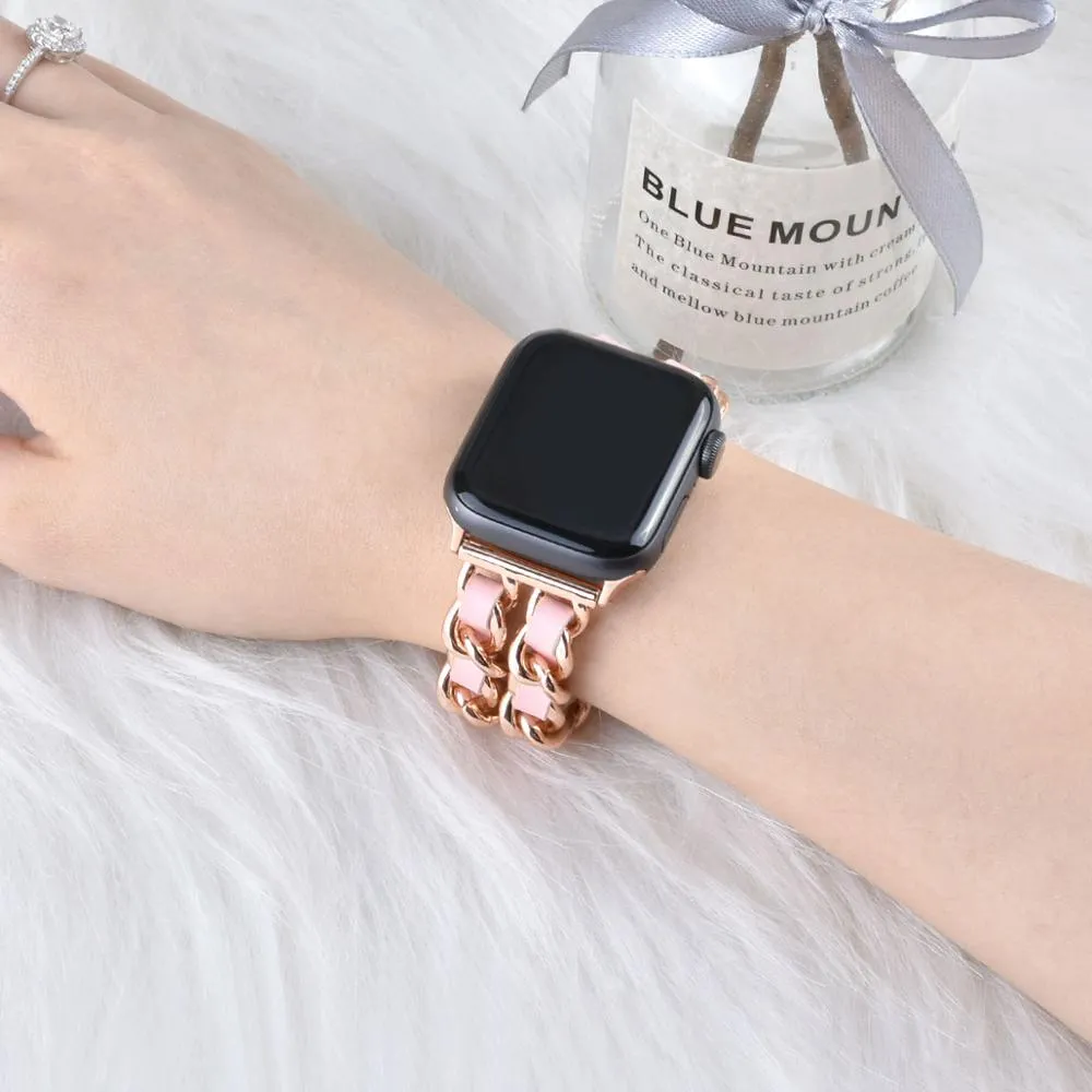 Leather and stainless steel Cuban link strap for Apple Watch in gold black finish