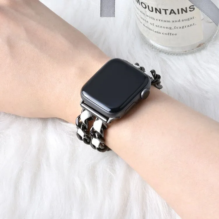Leather and stainless steel Cuban link strap for Apple Watch in gold black finish