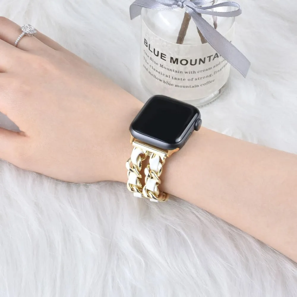 Leather and stainless steel Cuban link strap for Apple Watch in gold black finish