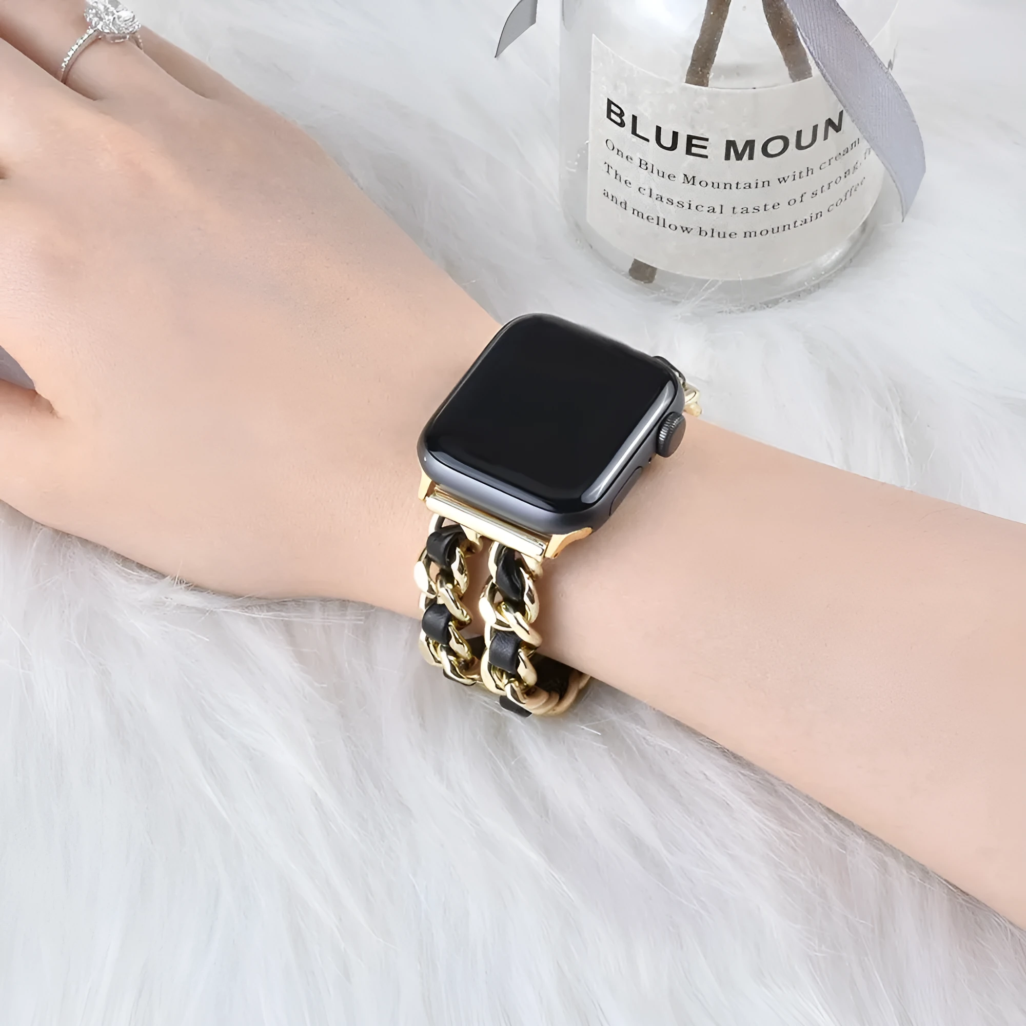 Leather and stainless steel Cuban link strap for Apple Watch in gold black finish