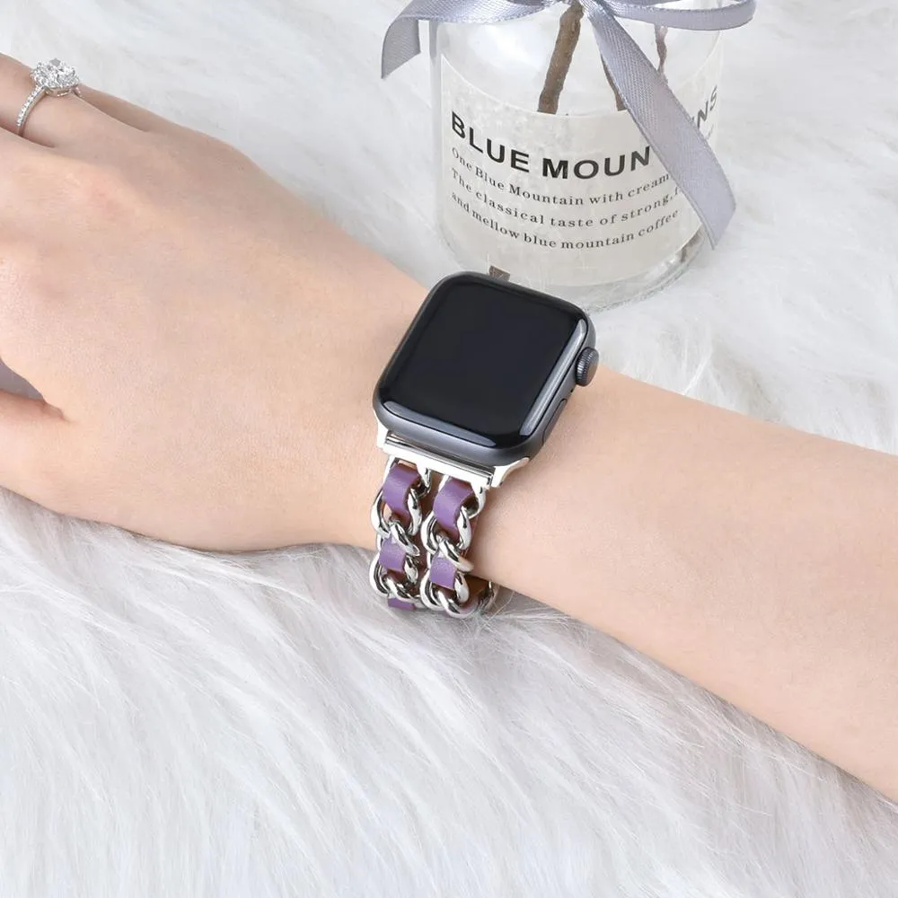 Leather and stainless steel Cuban link strap for Apple Watch in gold black finish
